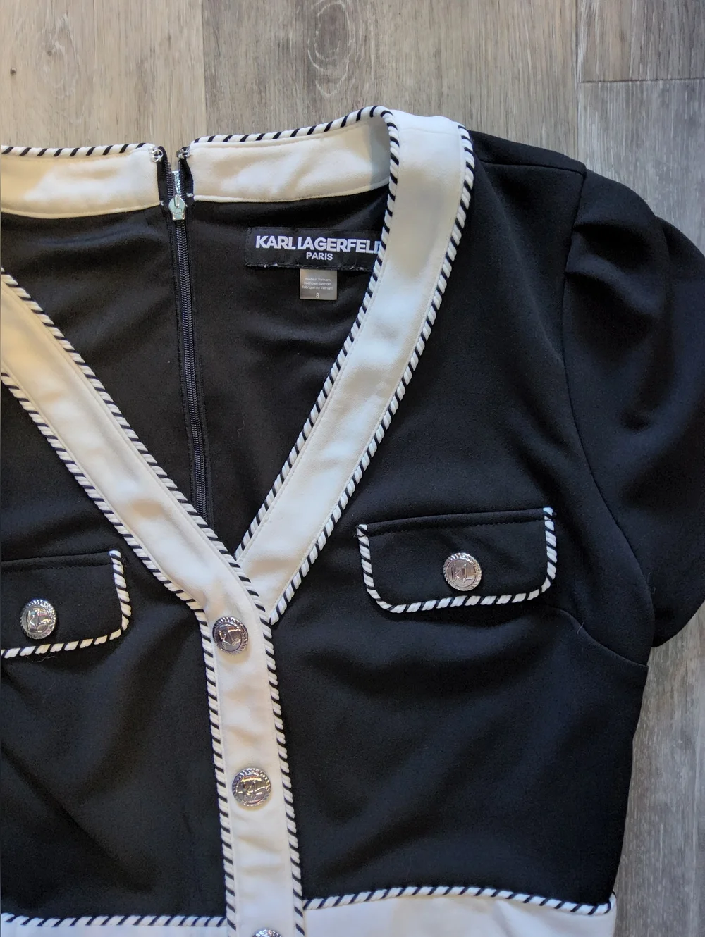 Karl Lagerfeld Black Mini Dress with White Braided Trim NWOT - Picture 2 of 3